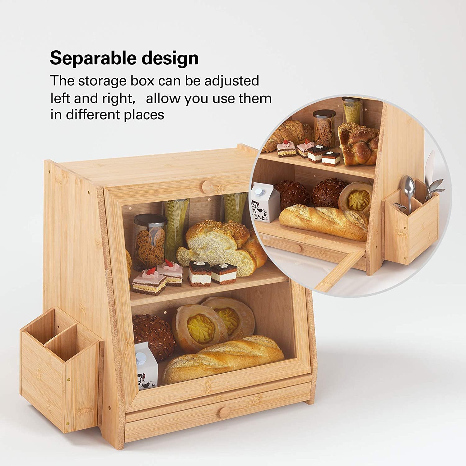 Bamboo Counter Top Space Saving Bread Storage Box Food Storage Container, Bread Bin w/Utensil Holder and Pull-Out Drawer