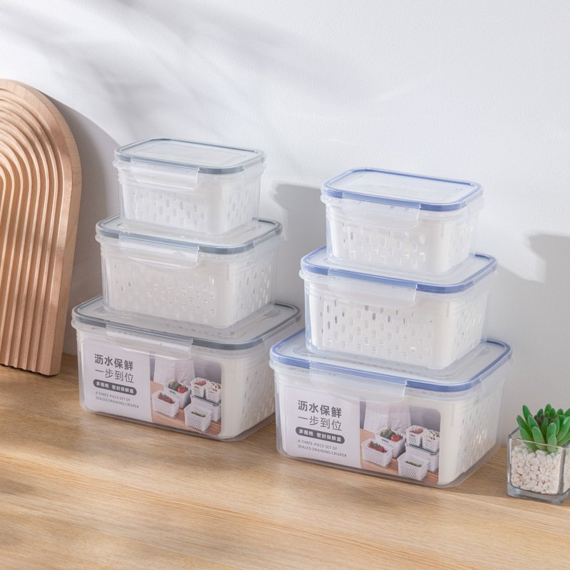 Vegetable Fruit Fresh Produce Fridge Refrigerator Fresh-keeping Storage Box Containers With Grid Strainer Drain Basket Crisper