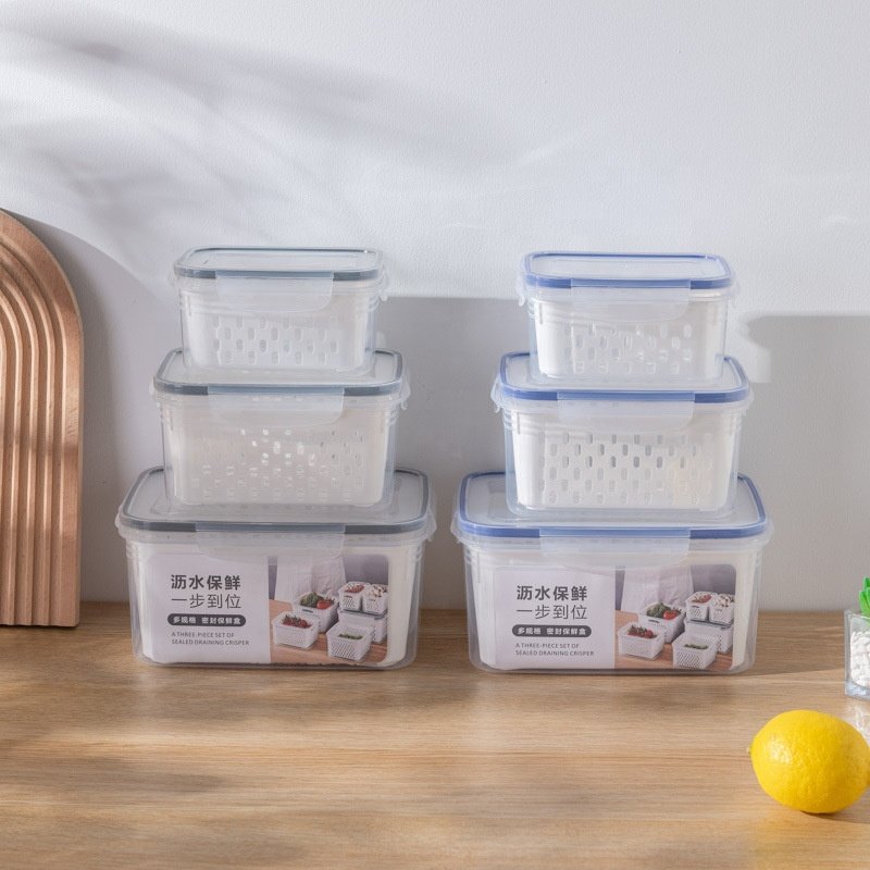 Vegetable Fruit Fresh Produce Fridge Refrigerator Fresh-keeping Storage Box Containers With Grid Strainer Drain Basket Crisper