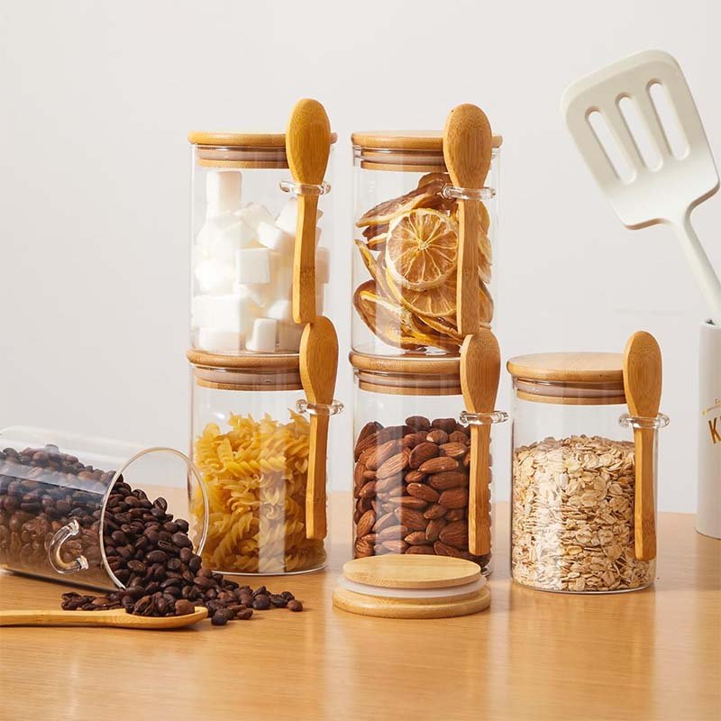 Hot Sale High Borosilicate Glass Jar Sealed Food Storage Canister Kitchen Seasoning Glass Jar Condiment Bottles with Bamboo Lid