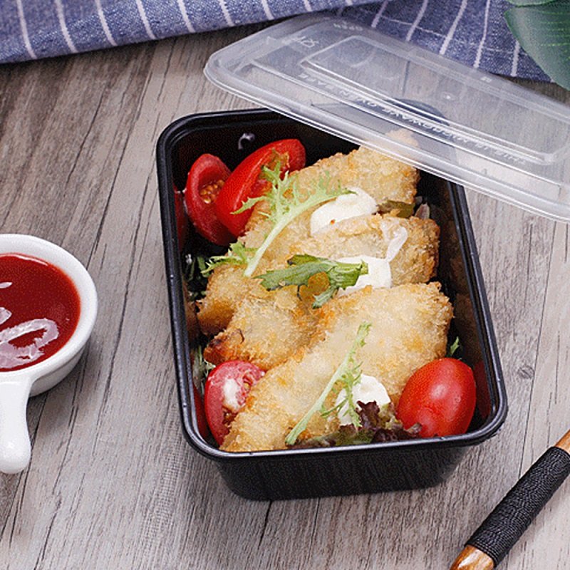 Microwavable Plastic Food Box Disposable Takeaway Boxes Clear Black Rectangular Food Storage Container