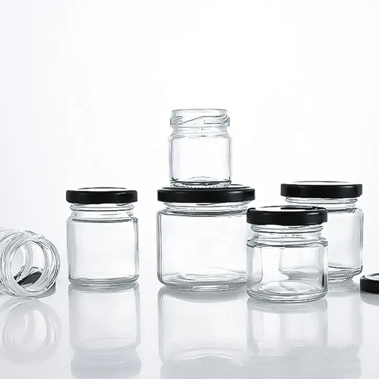 hot sell 1oz 30ml 45ml 60ml 80ml 120ml 150ml mini round honey glass jars for food storage jam with airtight metal lid