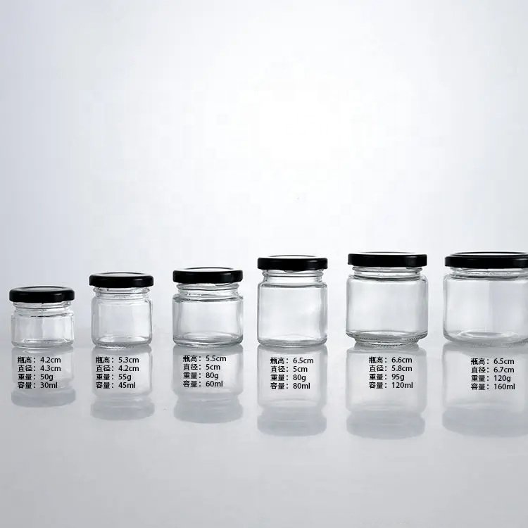 hot sell 1oz 30ml 45ml 60ml 80ml 120ml 150ml mini round honey glass jars for food storage jam with airtight metal lid