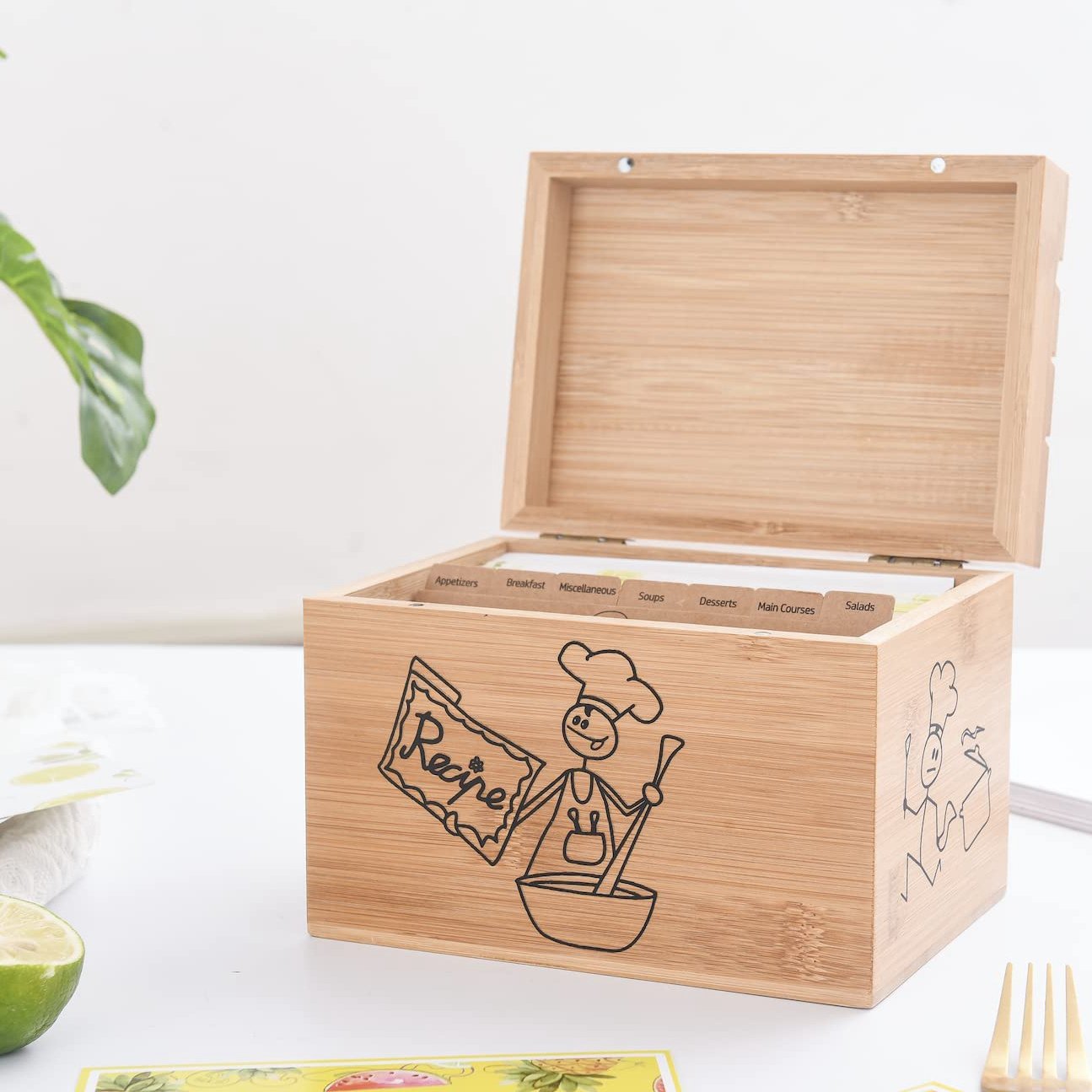 2022 Bamboo Wood Recipe Holder Storage Recipe Box for 6x4 inch Recipe Cards Organizer