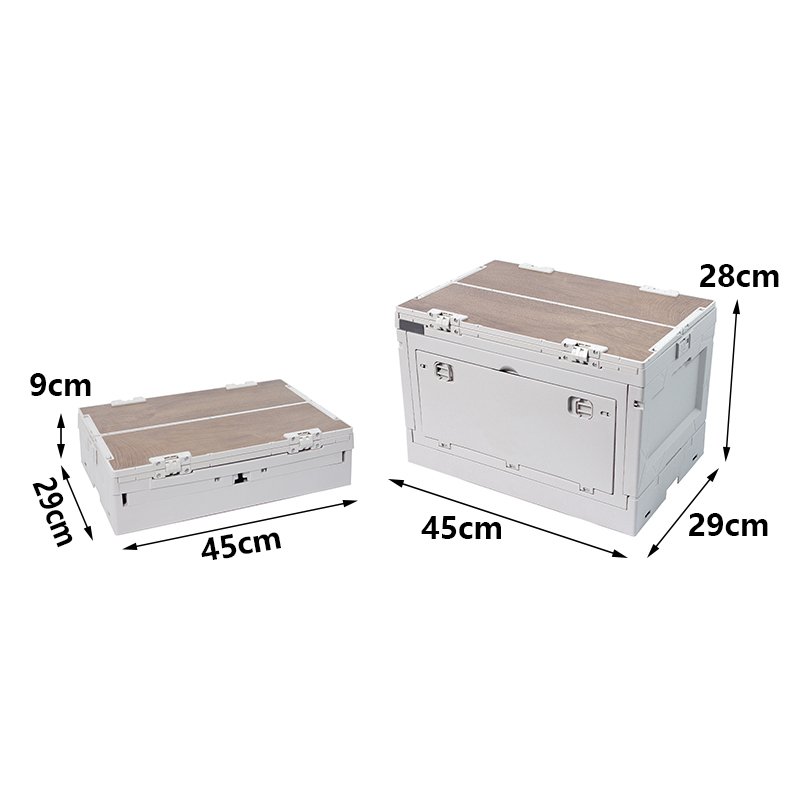 Wholesale 30 L camping use storage box organizer can be table folding plastic storage boxes with durable wooden lids