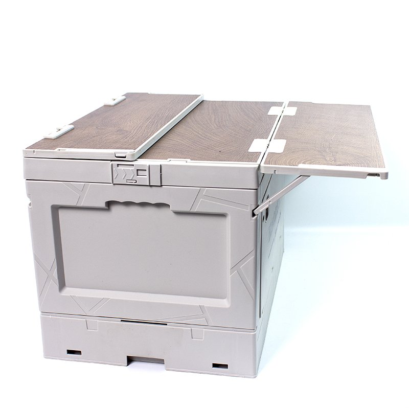 Wholesale 30 L camping use storage box organizer can be table folding plastic storage boxes with durable wooden lids