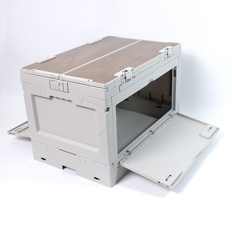 Wholesale 30 L camping use storage box organizer can be table folding plastic storage boxes with durable wooden lids