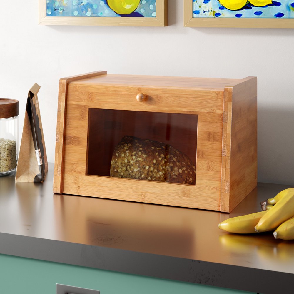 High Quality Wood Bamboo Bread Boxes With Cutting Board Lid Easy-opening Food Storage Container, Bread Bin Countertop
