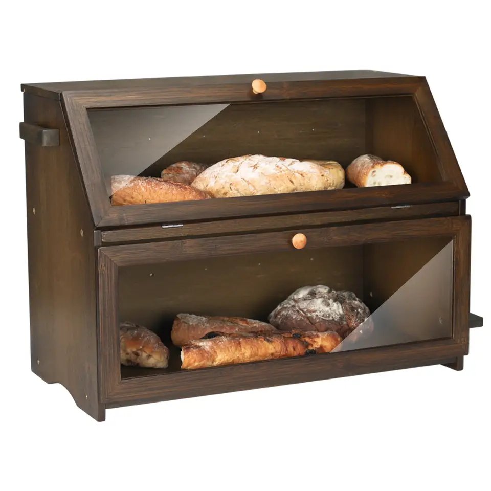 High Quality Wood Bamboo Bread Boxes With Cutting Board Lid Easy-opening Food Storage Container, Bread Bin Countertop