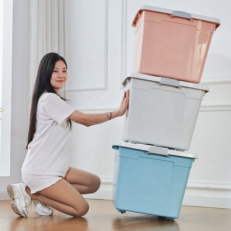 Factory aja de almacenamiento Multifunction PP Big Stackable Container Plastic Large Storage Bins Box With Wheels With Lids