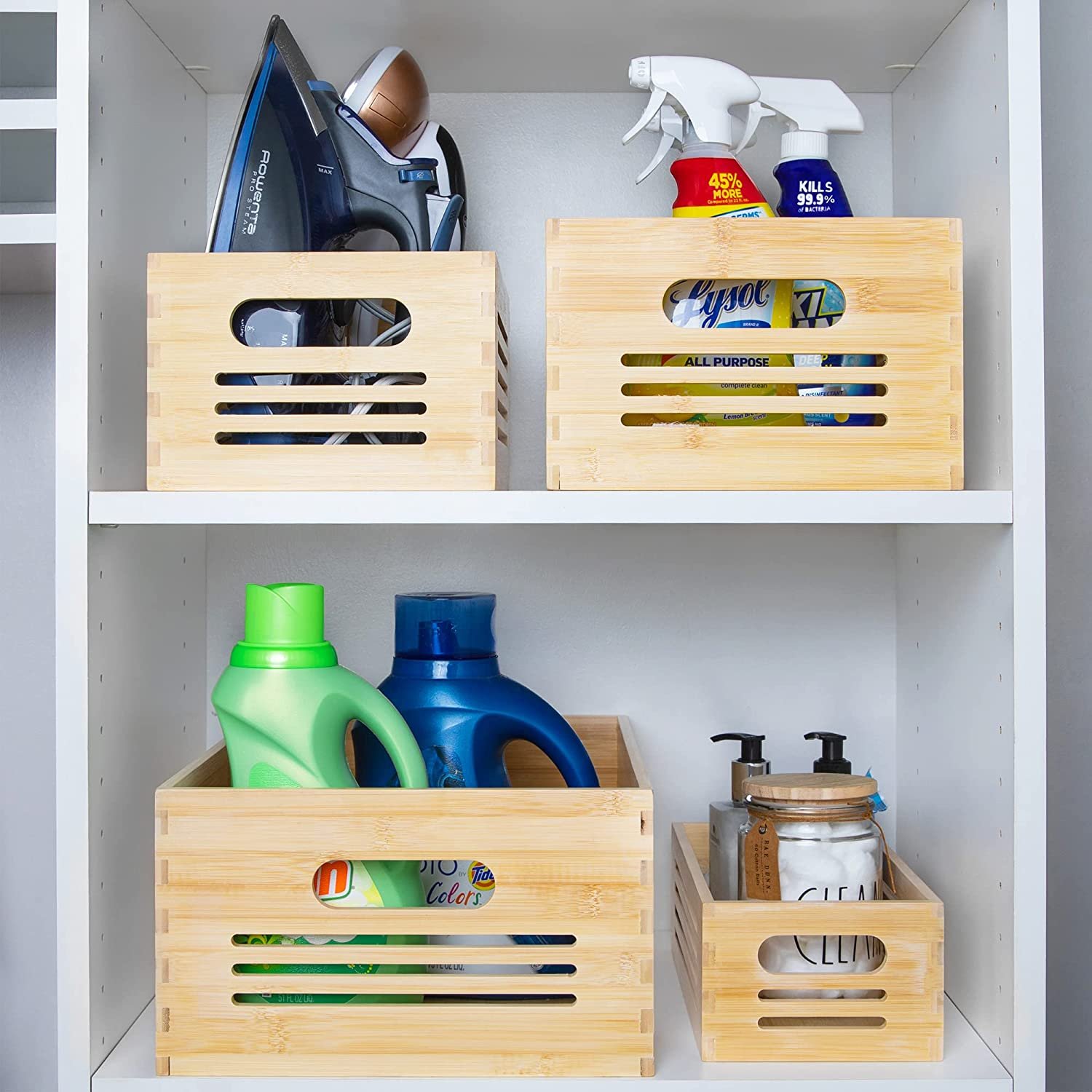 2024 Rustic style closet Cabinets and shelves baskets hold natural bamboo storage boxes