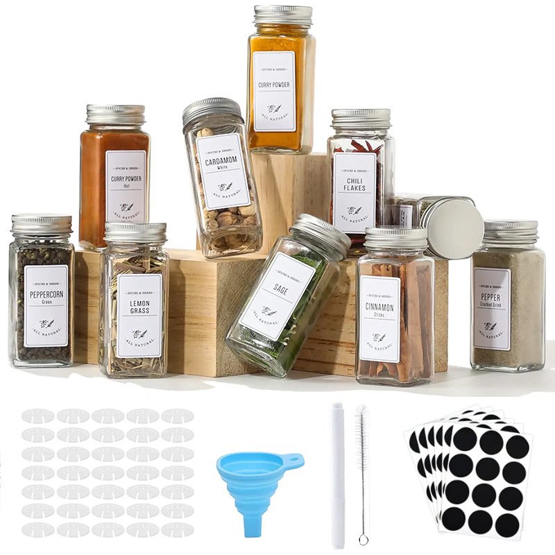 DS1430 Clear 4oz Empty Square Containers Seasoning 120ml Storage Bottles 12Pcs Glass Spice Jar with Bamboo Lids and Labels