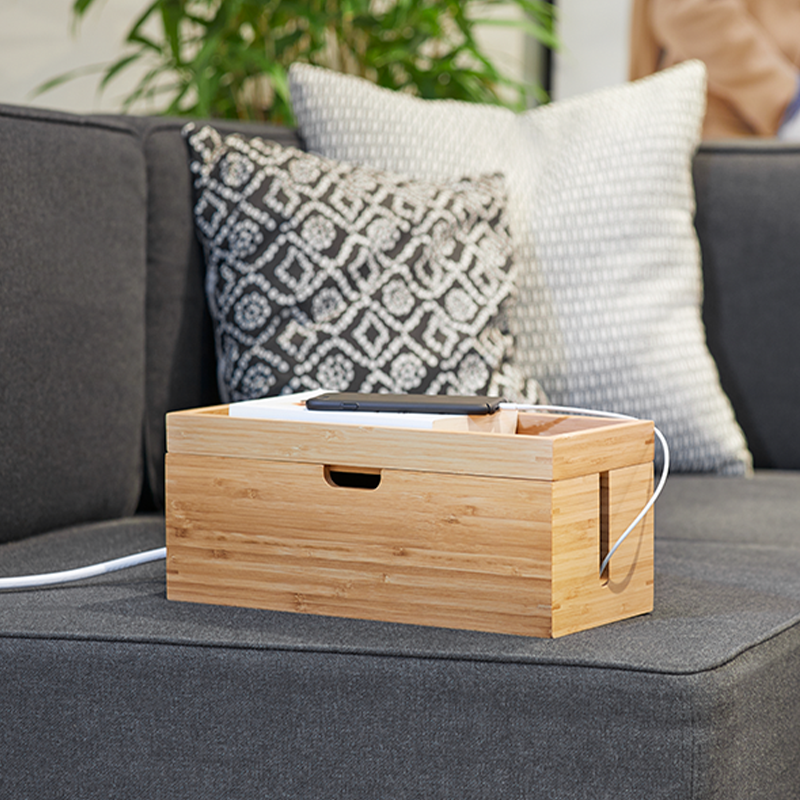 Wholesale Bamboo Storage Box With Lid For Storage Charger Power Strip Cable Management Storage Box