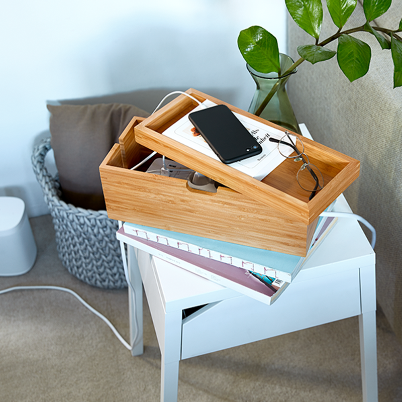 Wholesale Bamboo Storage Box With Lid For Storage Charger Power Strip Cable Management Storage Box