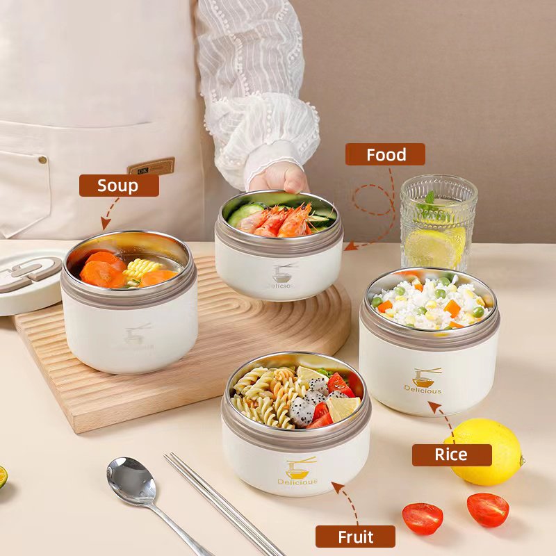 Bento Lunch Box for Kids Food Storage Container Thermal Double Wall Insulated Stainless Steel and Plastic Round Dual Tier 120