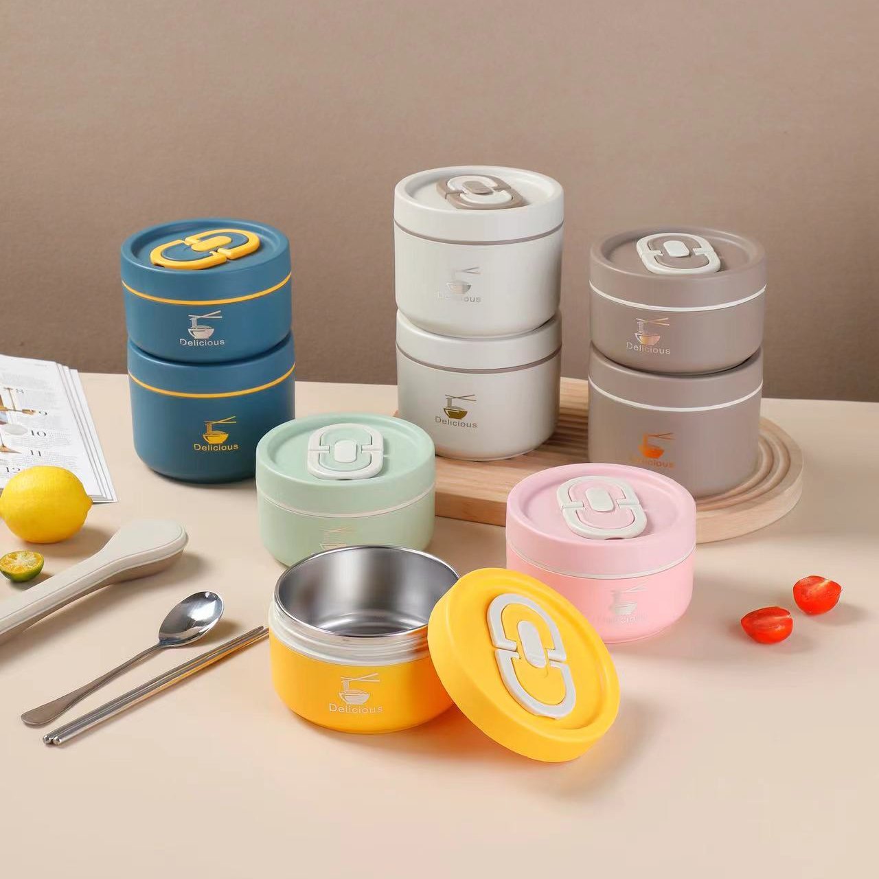 Bento Lunch Box for Kids Food Storage Container Thermal Double Wall Insulated Stainless Steel and Plastic Round Dual Tier 120