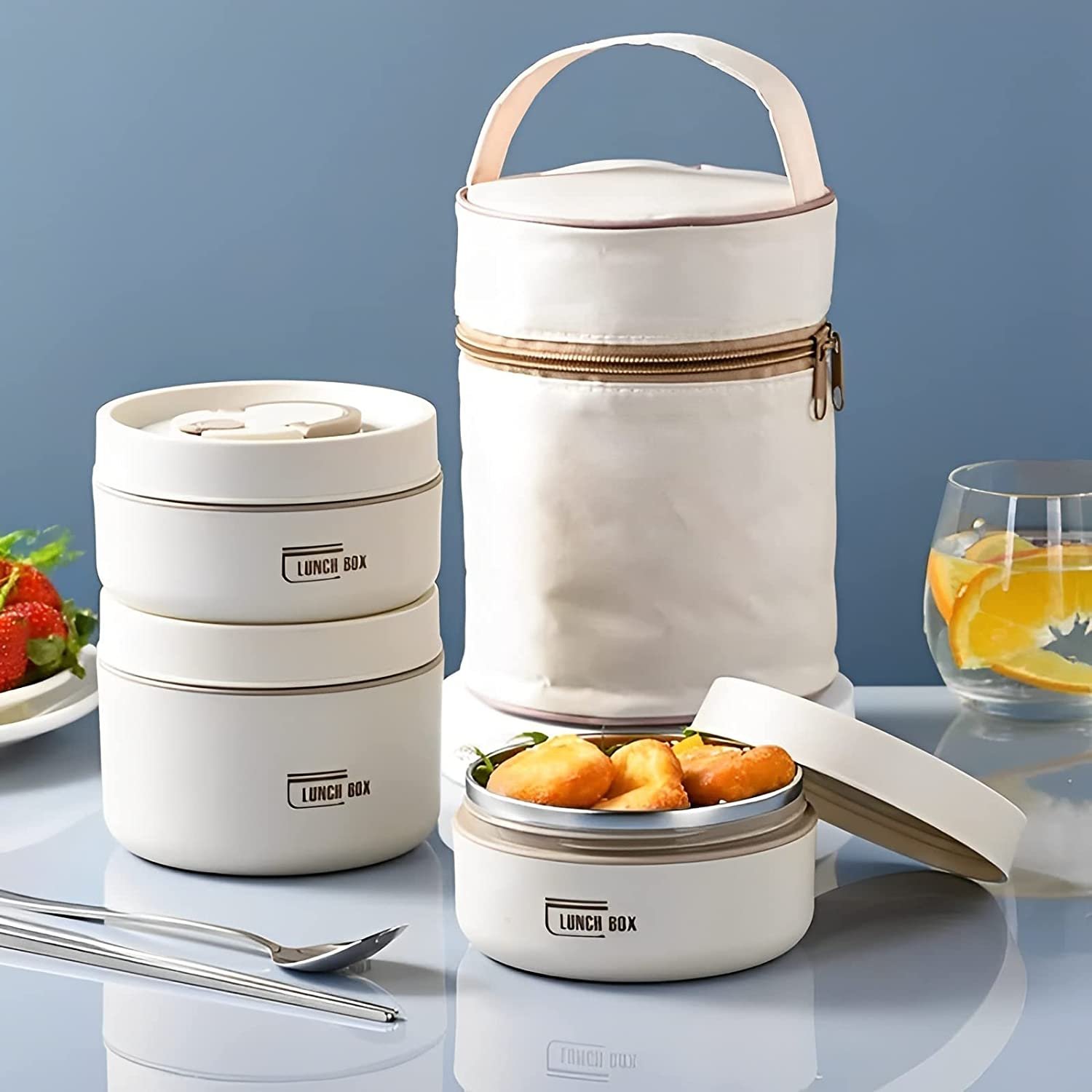 Bento Lunch Box for Kids Food Storage Container Thermal Double Wall Insulated Stainless Steel and Plastic Round Dual Tier 120