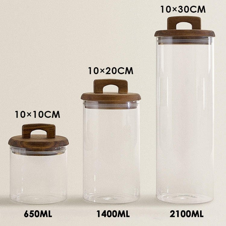 Luxury Kitchen Accessories Clear Airtight Condiments Spices Rice Food Storage Container Glass Jar Set with Wooden Handle Lid