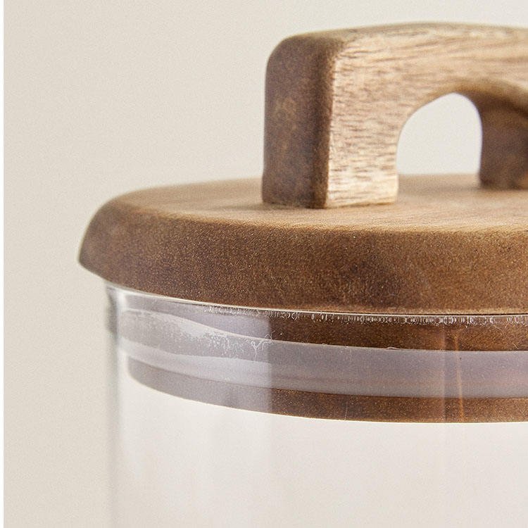 Luxury Kitchen Accessories Clear Airtight Condiments Spices Rice Food Storage Container Glass Jar Set with Wooden Handle Lid