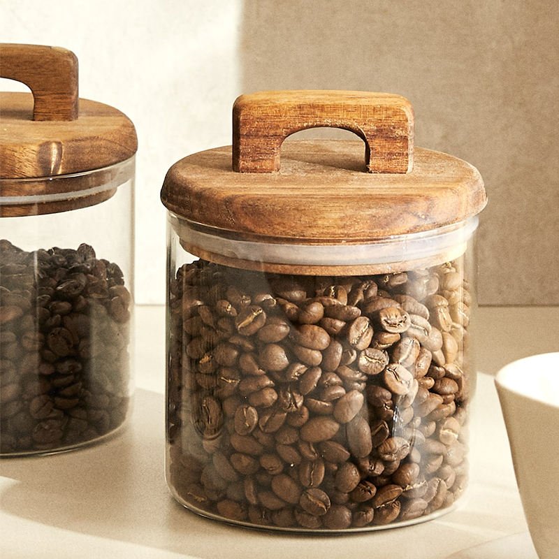 Luxury Kitchen Accessories Clear Airtight Condiments Spices Rice Food Storage Container Glass Jar Set with Wooden Handle Lid
