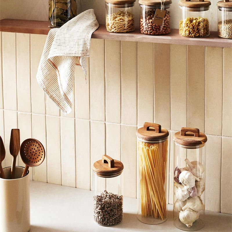 Luxury Kitchen Accessories Clear Airtight Condiments Spices Rice Food Storage Container Glass Jar Set with Wooden Handle Lid