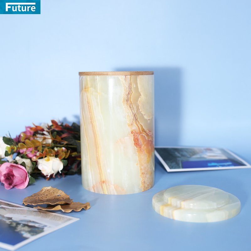 natural onxy stone Marble candle jar Canister storage marble pot jar with wood lid kitchen storage vessel Home Decorative