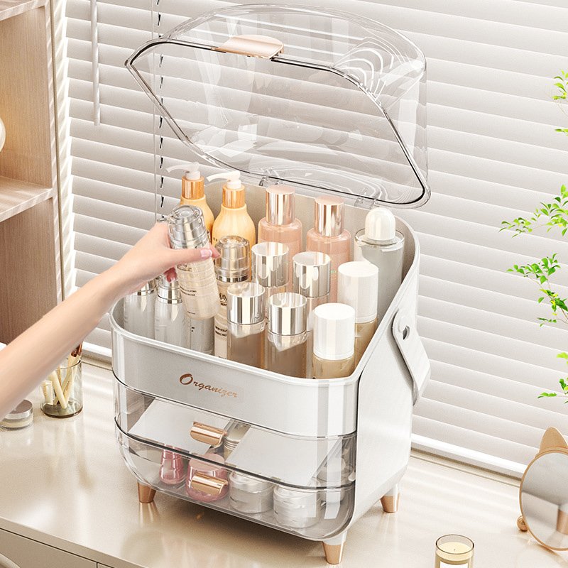 Portable Clear 2 Drawer Makeup Organizer for Bathroom Vanity Countertop Large Dustproof Skincare Cosmetic Storage Box