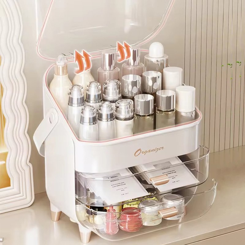 Portable Clear 2 Drawer Makeup Organizer for Bathroom Vanity Countertop Large Dustproof Skincare Cosmetic Storage Box