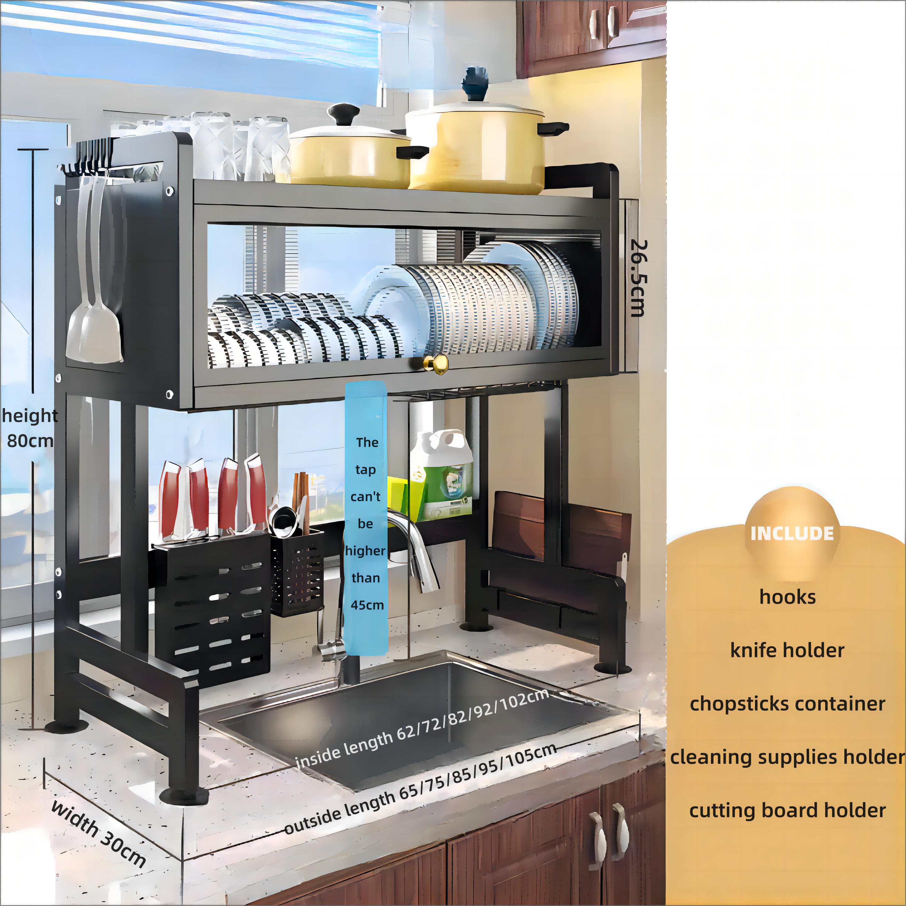 High Efficiency Large Dish Rack Over Sink Drainer Drying for Kitchen Counter Multifunction Storage