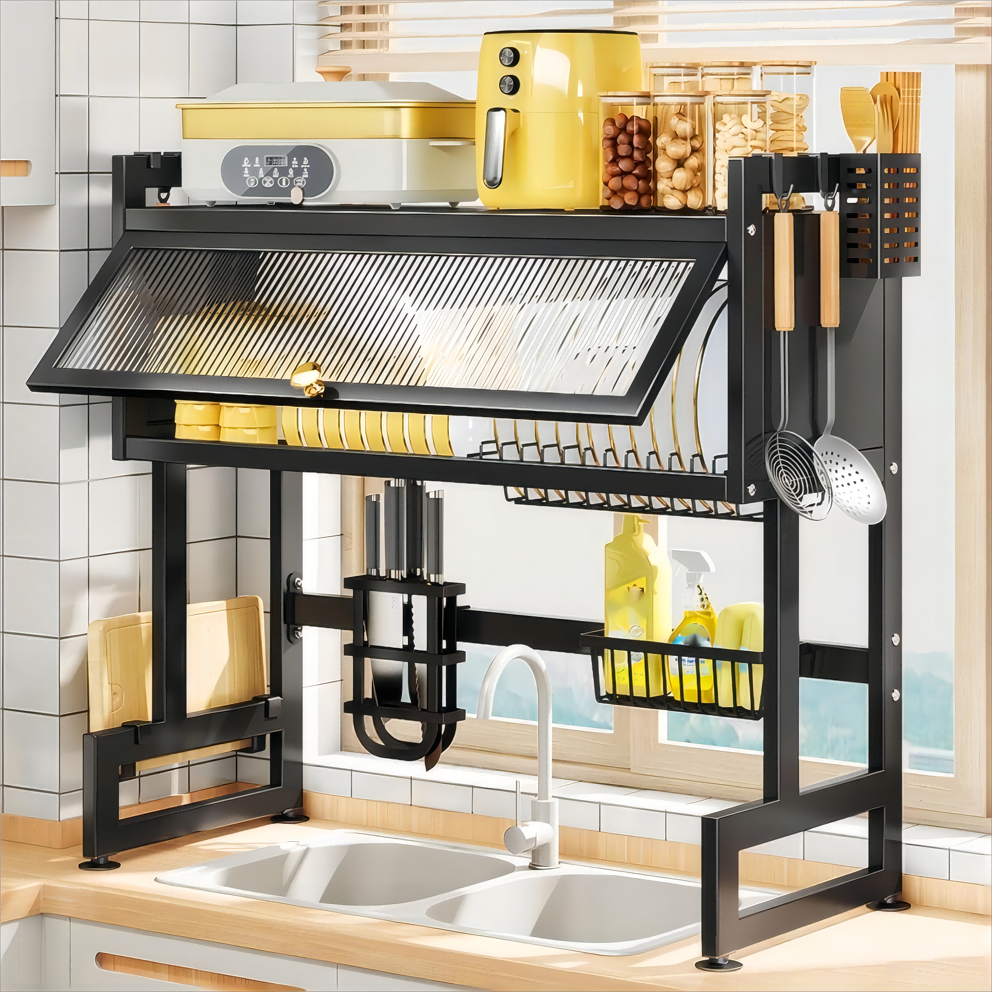 High Efficiency Large Dish Rack Over Sink Drainer Drying for Kitchen Counter Multifunction Storage