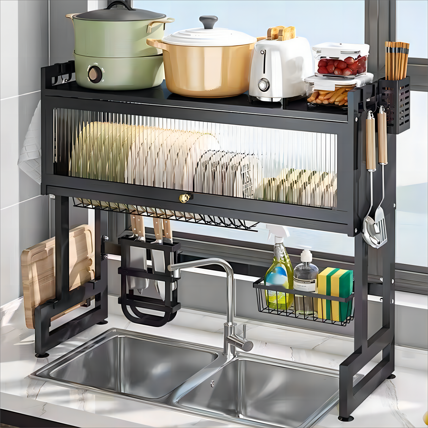 High Efficiency Large Dish Rack Over Sink Drainer Drying for Kitchen Counter Multifunction Storage