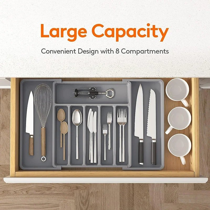Adjustable Flatware Tableware Organizer with Dividers Utensil Holder Plastic Storage Tray for Spoons Forks Knives