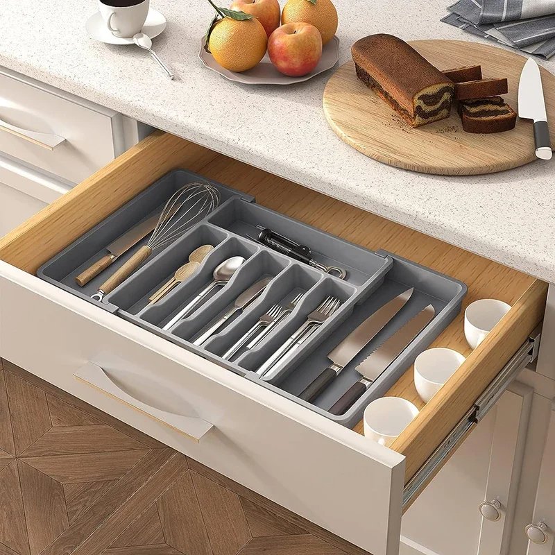 Adjustable Flatware Tableware Organizer with Dividers Utensil Holder Plastic Storage Tray for Spoons Forks Knives
