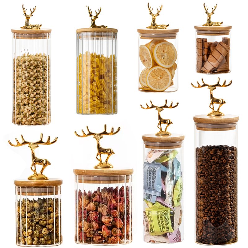 OEM ODM Customized Food Storage GlassJar With Elk Bamboo Lid Wholesale Kitchen Sugar Candy Honey Storage Container