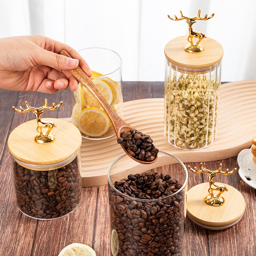 OEM ODM Customized Food Storage GlassJar With Elk Bamboo Lid Wholesale Kitchen Sugar Candy Honey Storage Container