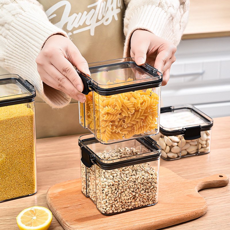 Kitchen Organizer Sealed Cans Square Jar Clear Stackable Plastic Box Airtight Food Storage Container Set for Cereal Flour Sugar