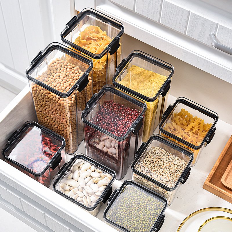 Kitchen Organizer Sealed Cans Square Jar Clear Stackable Plastic Box Airtight Food Storage Container Set for Cereal Flour Sugar