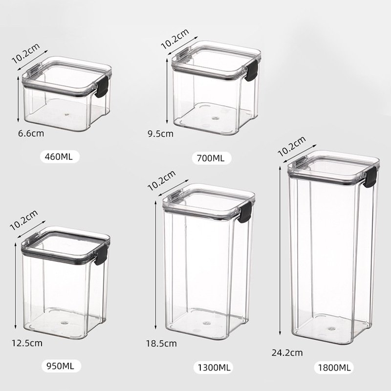 Kitchen Organizer Sealed Cans Square Jar Clear Stackable Plastic Box Airtight Food Storage Container Set for Cereal Flour Sugar