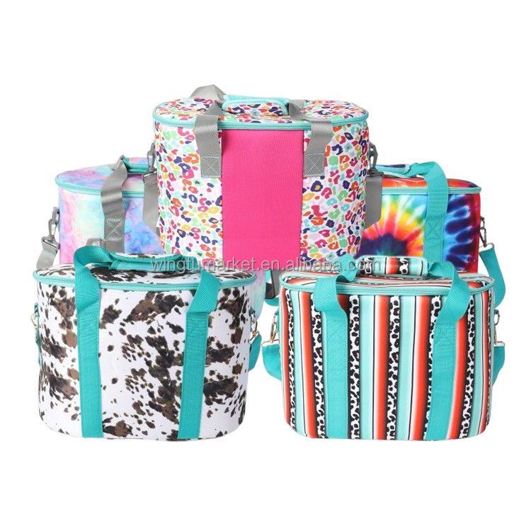 Waterproof box cooler shoulder bags handbag print rainbow tie dye cow neoprene ice wine insulated lunch cooler food storage bag