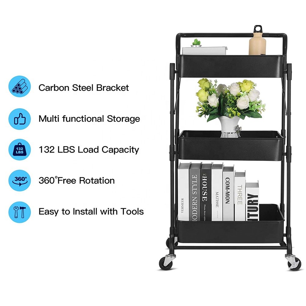 Caddy Cart Metal Nursery Storage Organizer 3-Tier Rolling Cart Organizer for Diapers and Baby