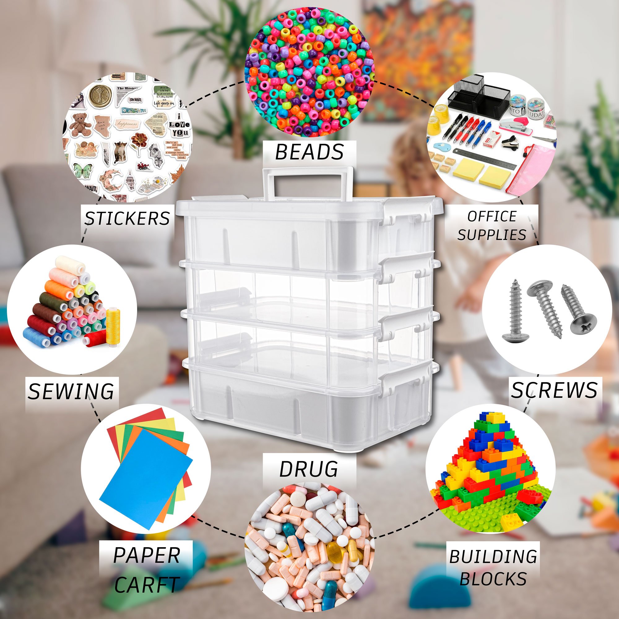 29651 Multi-compartment Stackable storage box craft storage box with dividers for artwork, beads and sewing supplies
