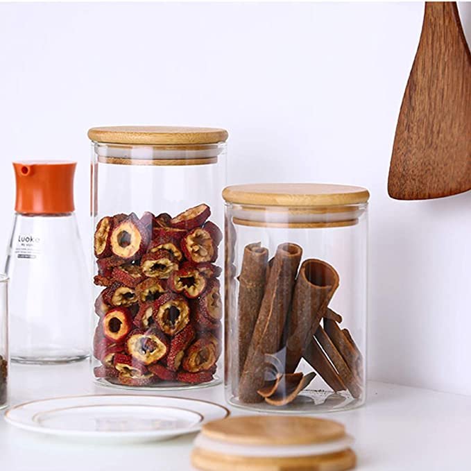 14oz/400ml Clear Glass Food Storage Containers Set Airtight Food Jars with Bamboo Wooden Lids Kitchen Canisters For Sugar, Candy
