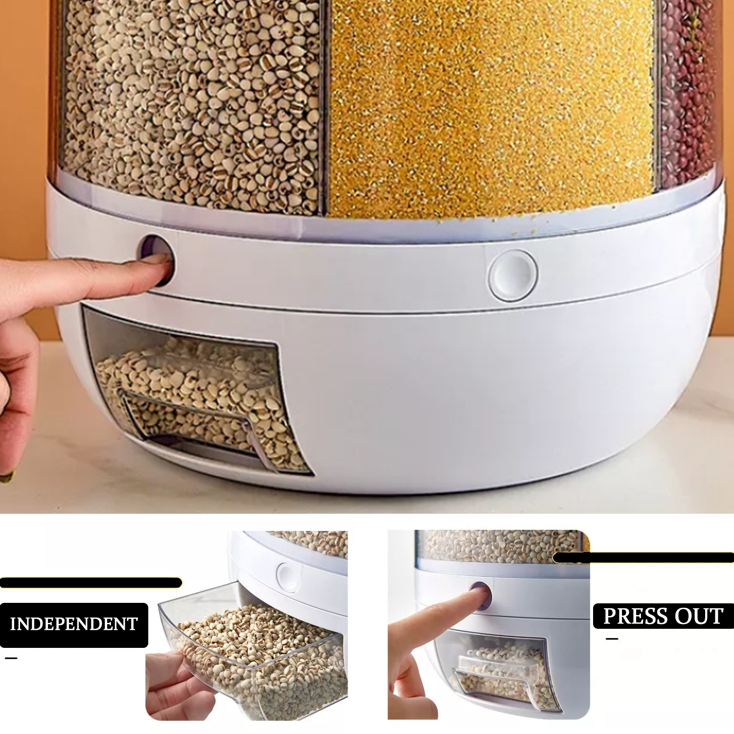 Wholesale Rice Dispenser Kitchen Moisture-Proof 6-Grid Rotating Food Grain Dispenser Cereal Storage Box Rice Container Dispenser