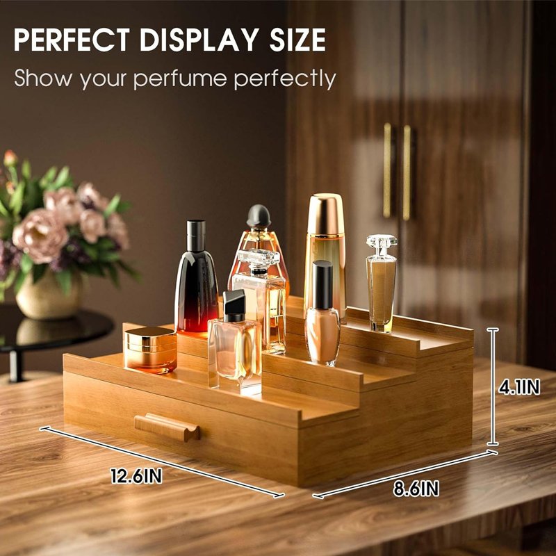 Wooden Cologne Organizer for Men 3 Tier of Elevated Cologne Display Shelf with Drawer Storage Perfume Organization