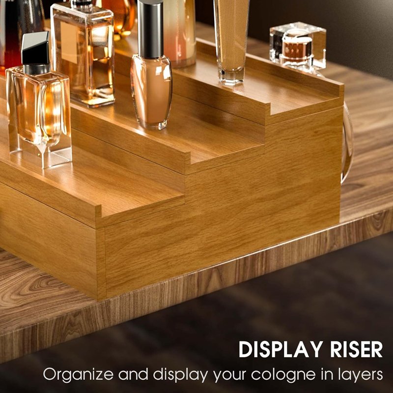 Wooden Cologne Organizer for Men 3 Tier of Elevated Cologne Display Shelf with Drawer Storage Perfume Organization