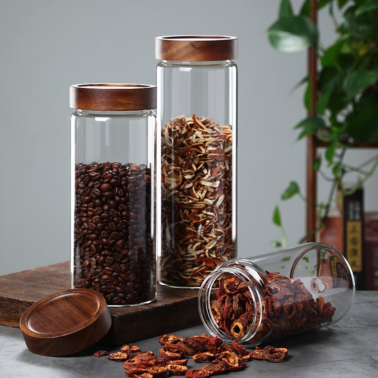 With Acacia Wholesale Kitchen Containers Jar Wood Handmade Multifunction Kitchen Storage Food Storage Borosilicate Glass Modern