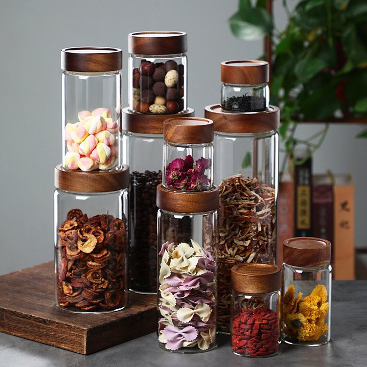 With Acacia Wholesale Kitchen Containers Jar Wood Handmade Multifunction Kitchen Storage Food Storage Borosilicate Glass Modern