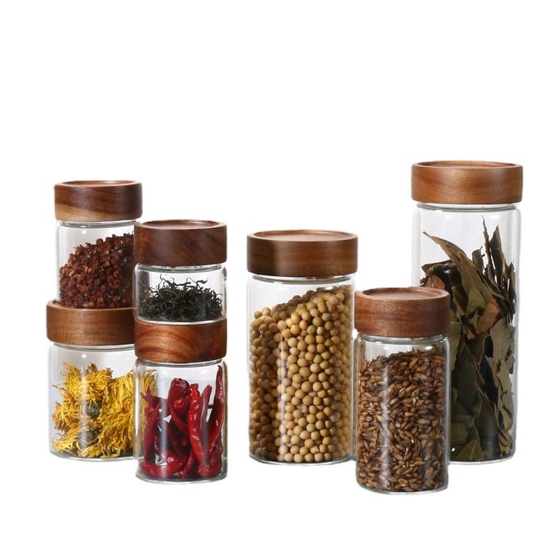 With Acacia Wholesale Kitchen Containers Jar Wood Handmade Multifunction Kitchen Storage Food Storage Borosilicate Glass Modern