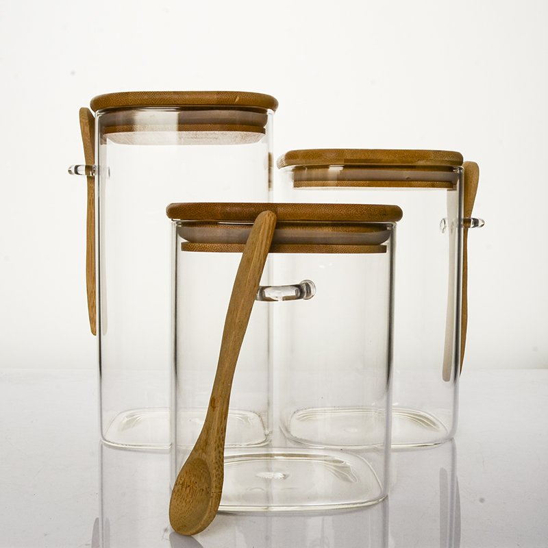 500ml 1L Square Glass Jars with Bamboo Lids and Spoons for Loose Tea Coffee and Sugar Glass Container for Yogurt Jars with Lids