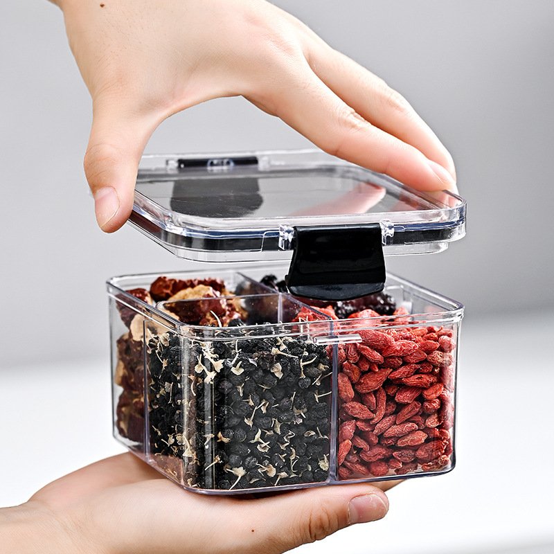 Factory Direct Selling Four-box Grid Kitchen Clear Plastic Food Storage Bin Stackable Airtight Storage Box